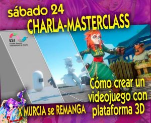 Cartel charla videojuego con plataforma 3D