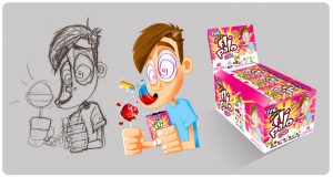 Ilustración de un chico comiendo golosinas compulsivamente
